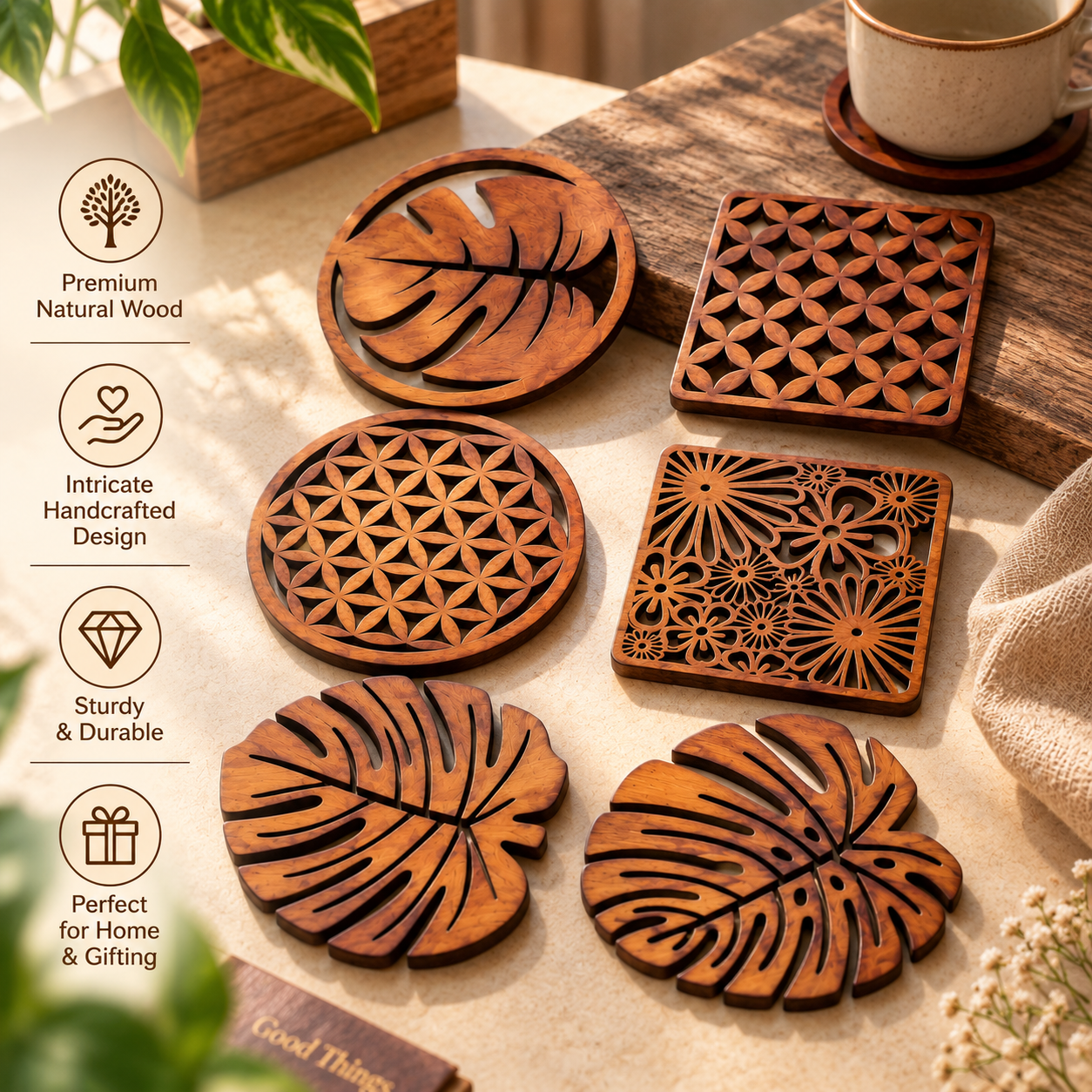 Wooden Decorative Coaster Set