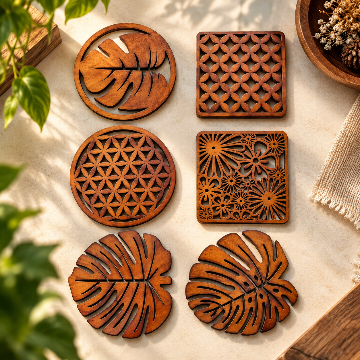 Wooden Decorative Coaster Set